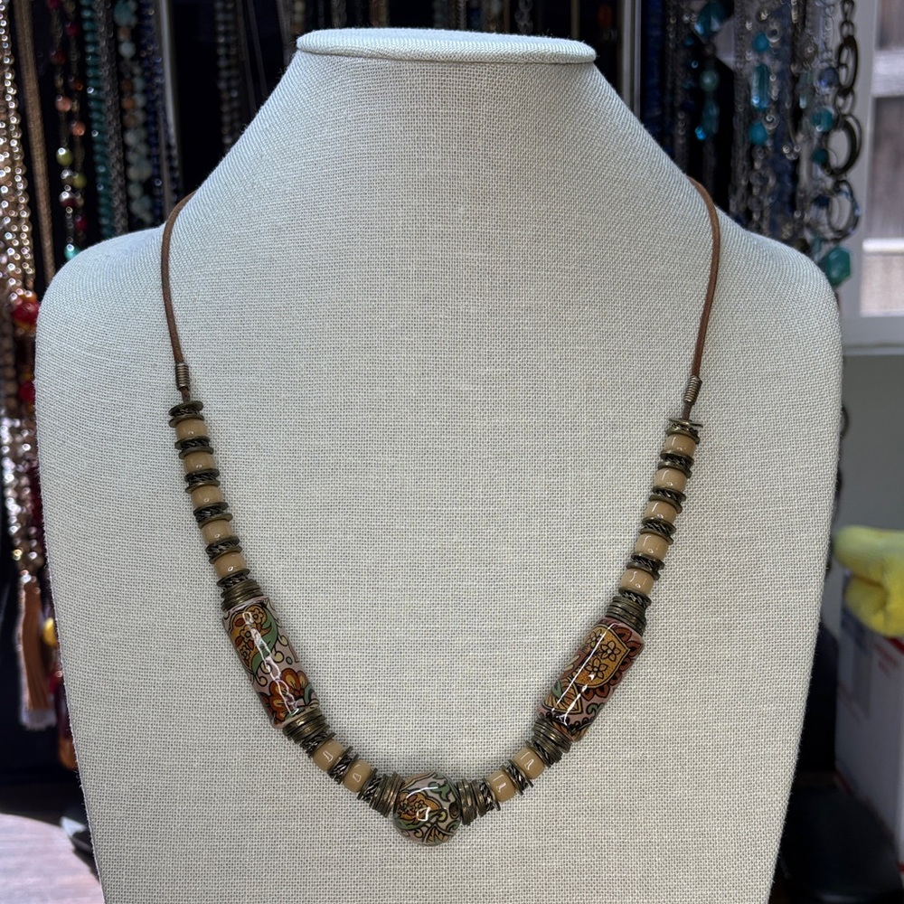 Beige Enamel Floral Bead Necklace on Leather Cord
